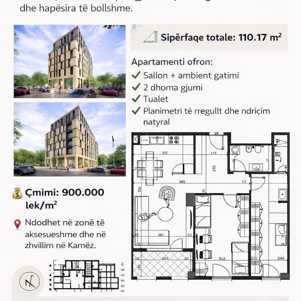 SHITET APARTAMENT 2+1 NË ZONEN E KAMZES