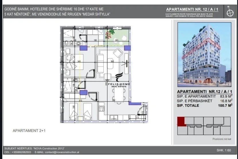 Tirane, vendesi appartamento 2+1 con balcone al 12° piano, 100 m² 272.000 € (COMUNE DI PARISIT)
