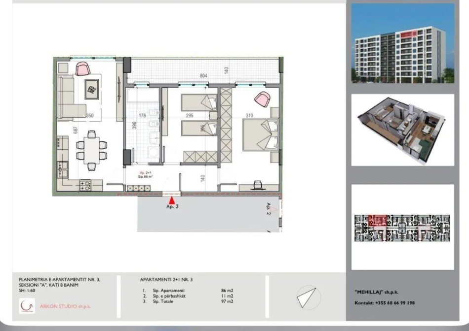Tirane, apartment for sale 2+1, 8th Floor, 97 m², €85,000 (KAMEZ)