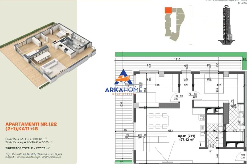 Tirane, shitet apartament 2+1+Ballkon Kati 18, 177 m² 408.250 €